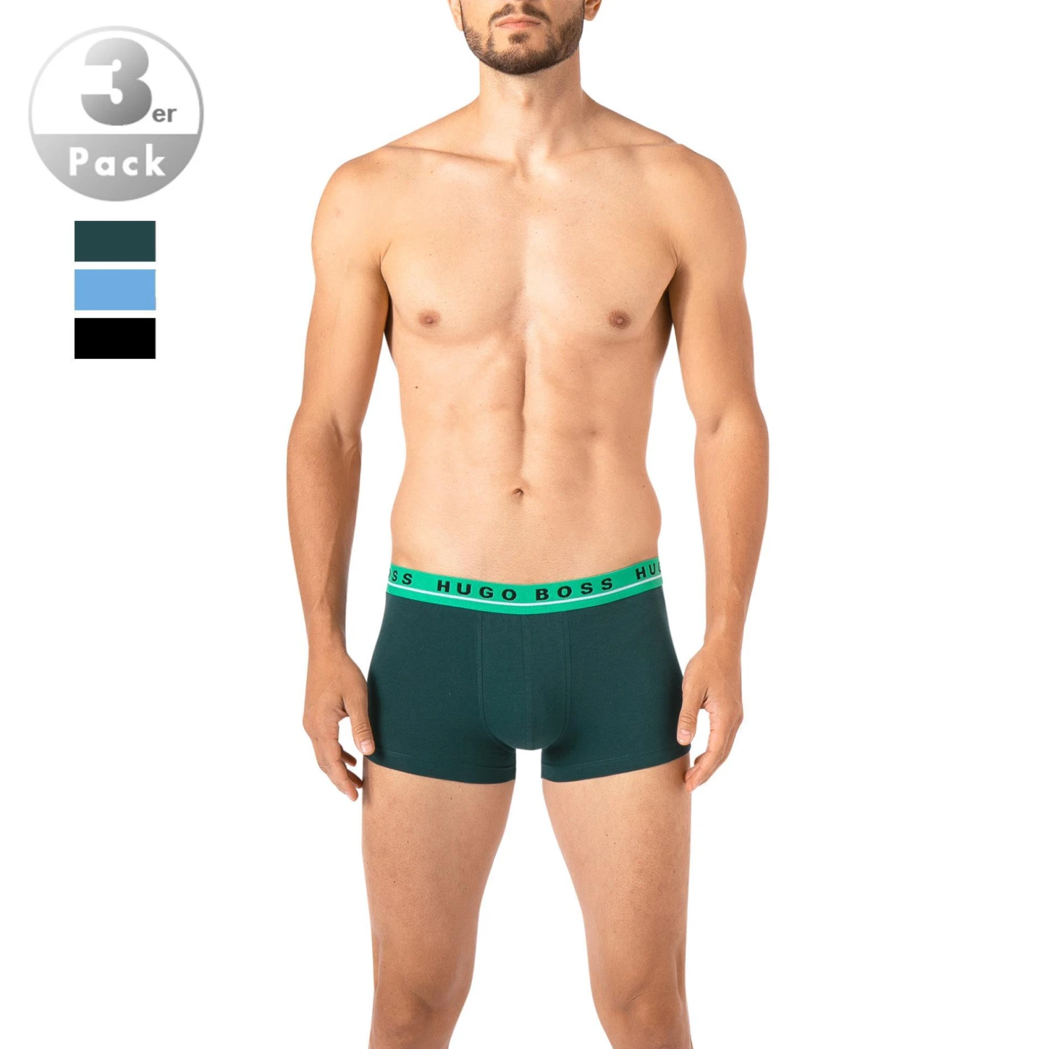 BOSS Trunks 3er Pack 50458488/963 Baumwoll-Stretch, Schwarz-grün-blau, Tannengrün-hellblau-schwarz 1 BOSS Trunks 3er Pack 50458488/963 Baumwoll-Stretch, Schwarz-grün-blau, Tannengrün-hellblau-schwarz