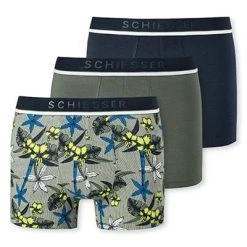 Schiesser Shorts 3er Pack 176899/901 Trunks, Baumwoll-Stretch, Khaki-blau gemustert, Dunkelblau-khaki-multicolour -MR Wasch Geschaft 384823 norm3